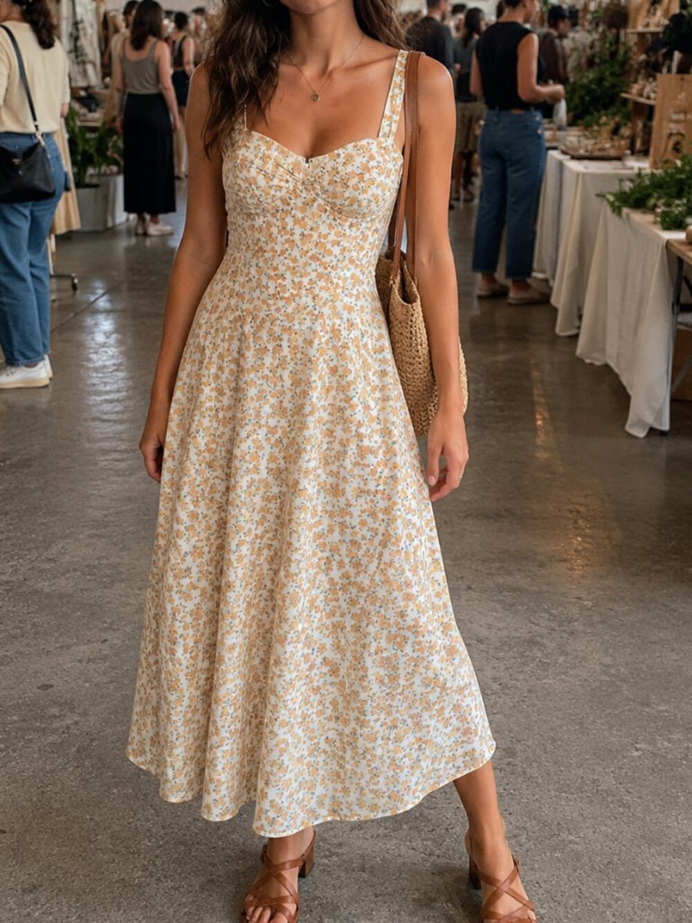 Taylor Cottagecore Yellow Floral Eyelet Midi Dress Adjustable Straps L NWOT